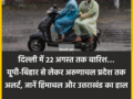 दिल्ली में 22 अगस्त तक बारिश… यूपी-बिहार से लेकर अरुणाचल प्रदेश तक अलर्ट, जानें हिमाचल और उत्तराखंड का हाल​