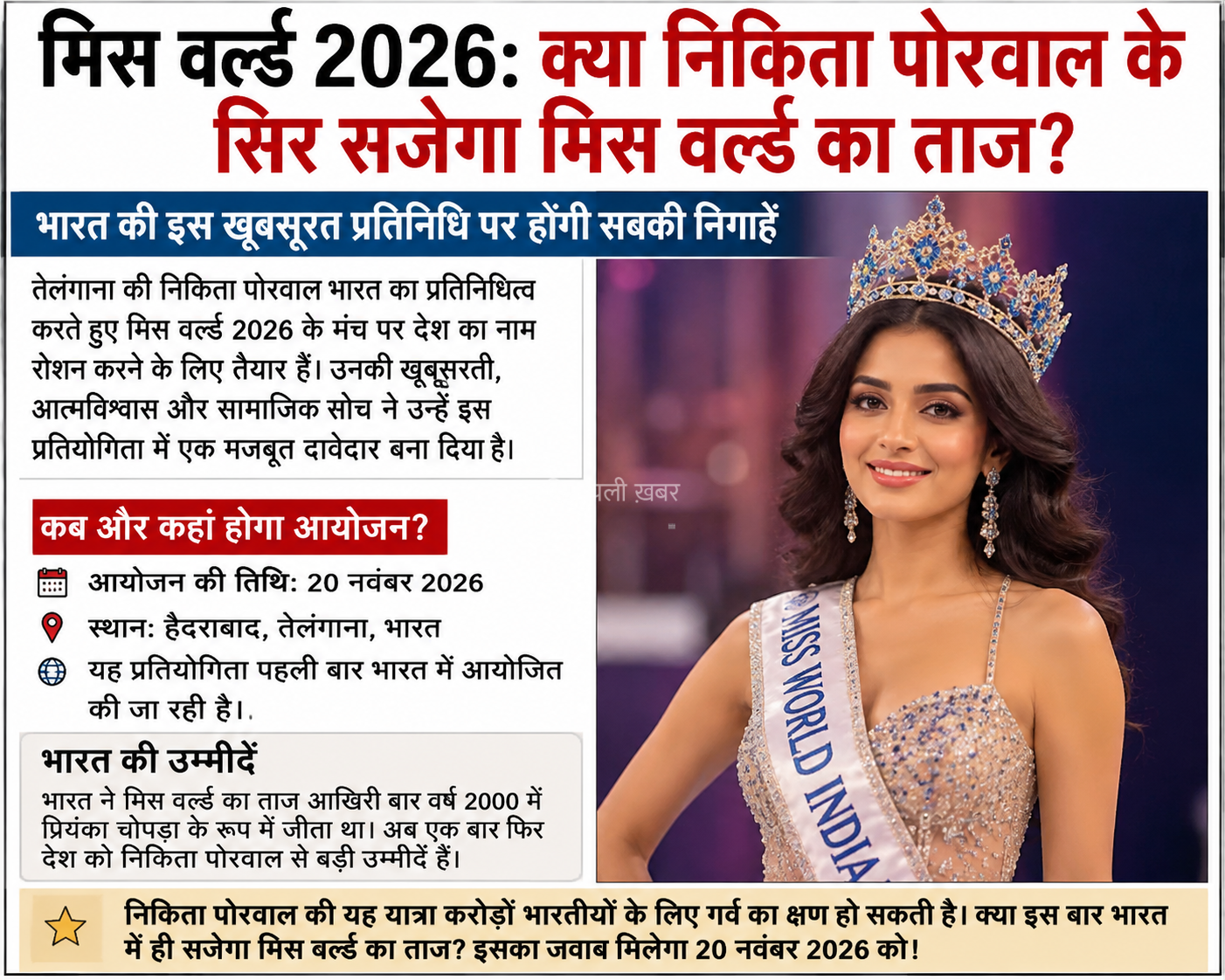मिस वर्ल्ड 2026: क्या भारत की निकिता पोरवाल रचेंगी इतिहास? ताज पर टिकीं देश की नजरें​